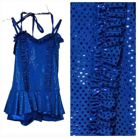 Girls Blue Sequin Ruffle Biketard Sleeveless Leotard Dance Costume Small Feather - Picture 1 of 11